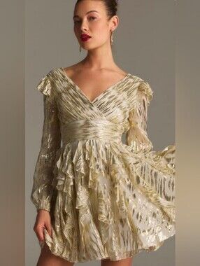 Mac Duggal NWT Gold Ivory Lurex Pleated V-Neck Ruffle Mini Dress Size XS #9305